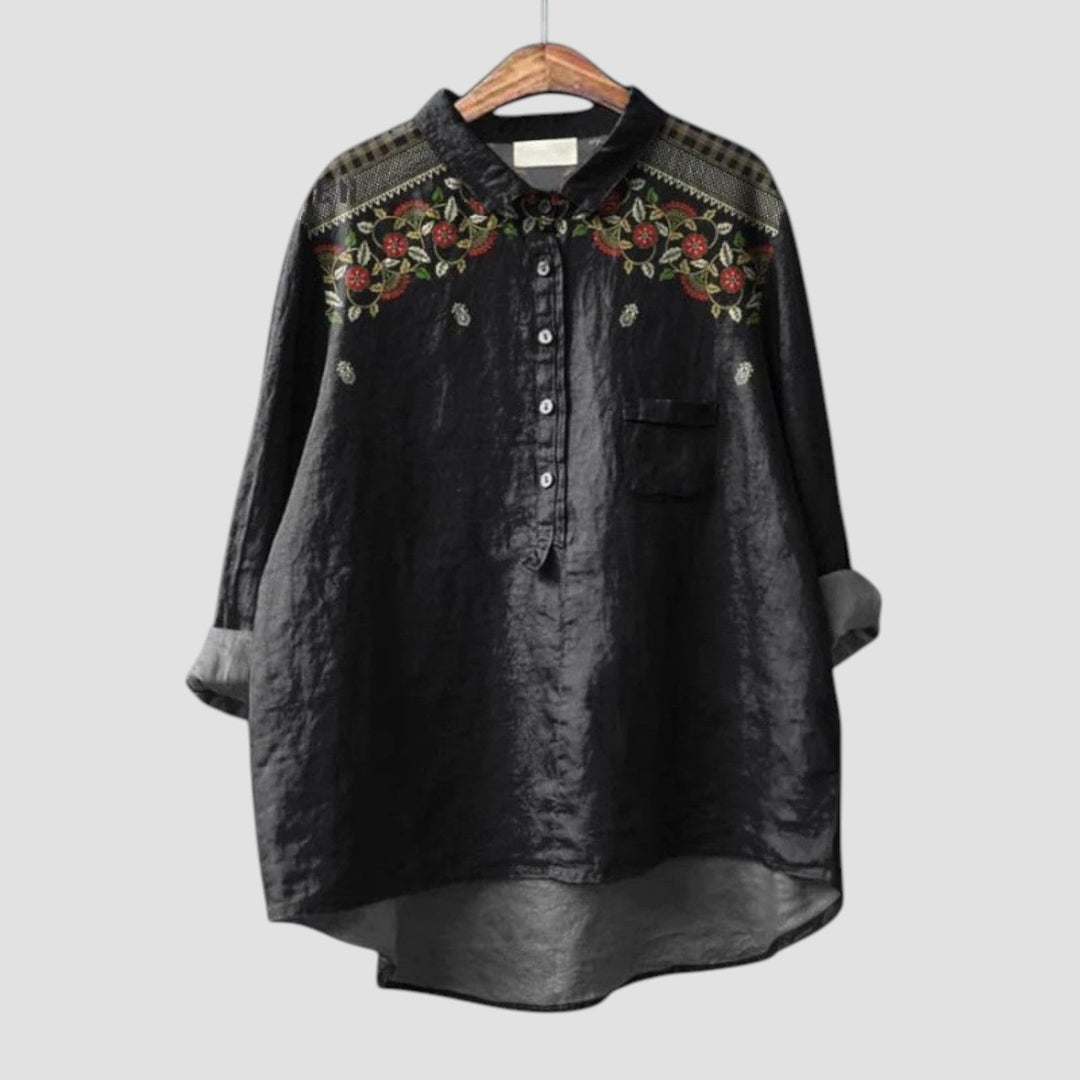 Karina | Oversized Black Shirt with Floral Embroidery for an Elegant and Relaxed Style