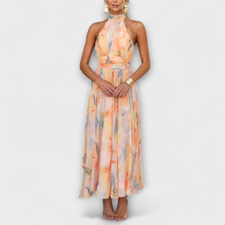 ALEXA™ | Halter Neck Watercolor Print Maxi Dress