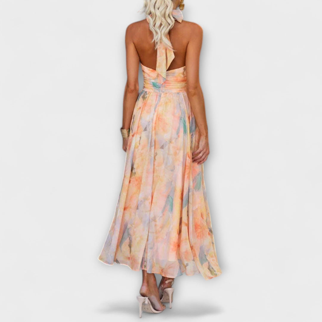 ALEXA™ | Halter Neck Watercolor Print Maxi Dress