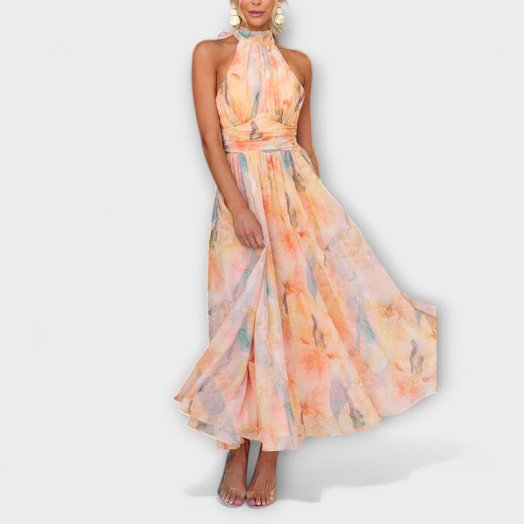 ALEXA™ | Halter Neck Watercolor Print Maxi Dress