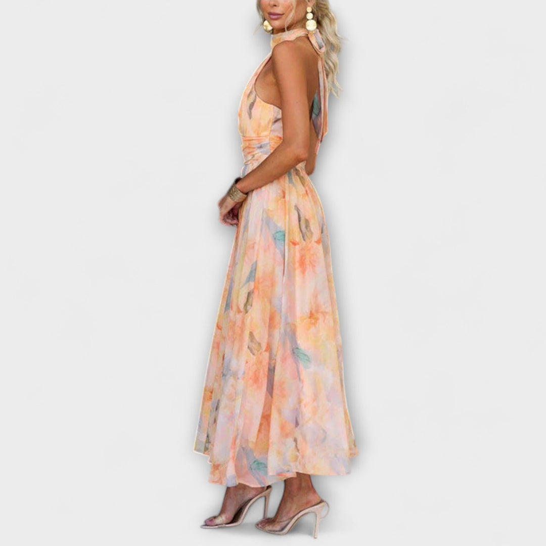 ALEXA™ | Halter Neck Watercolor Print Maxi Dress