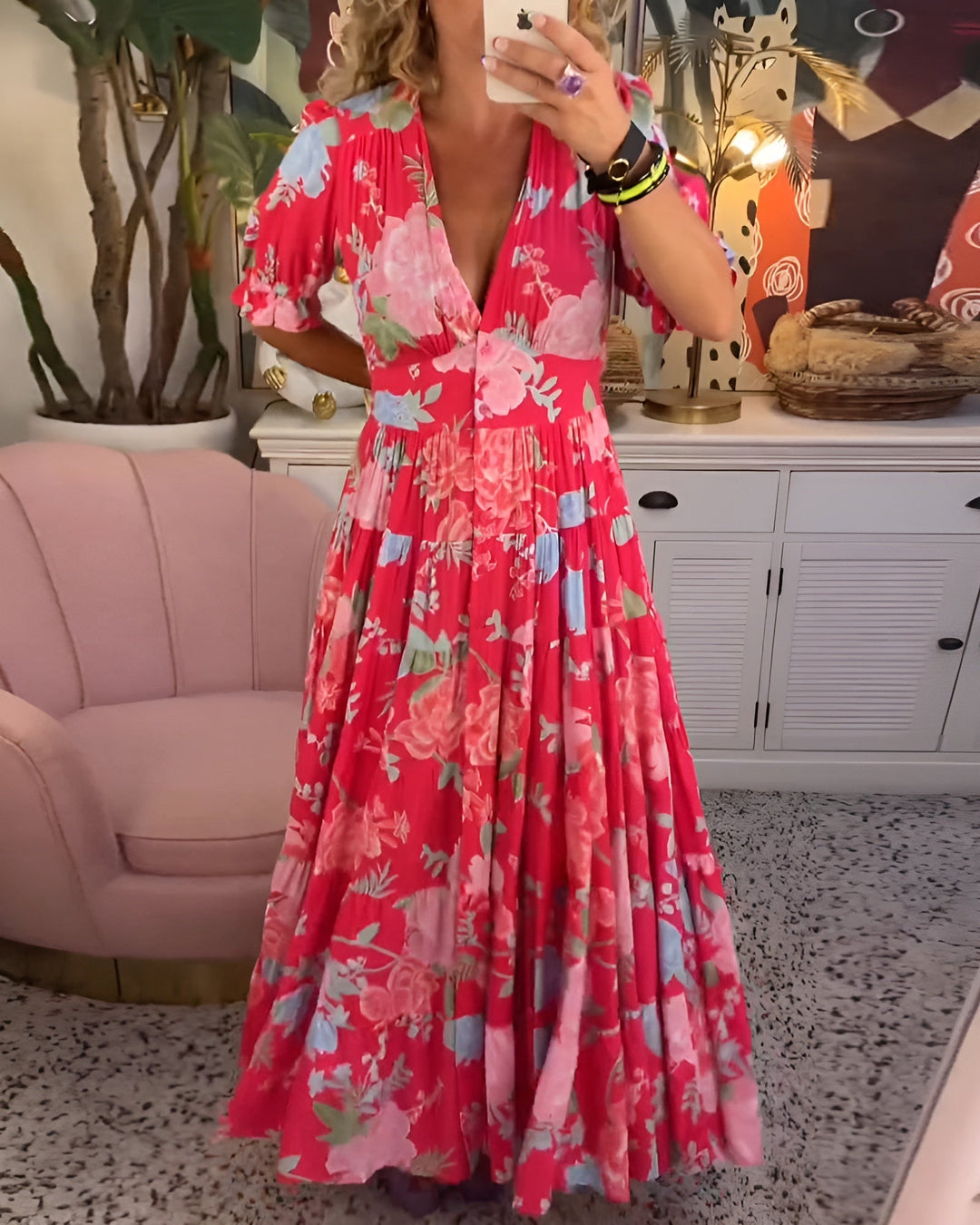Carine | Pocket Dress with V-Neck and Floral Print