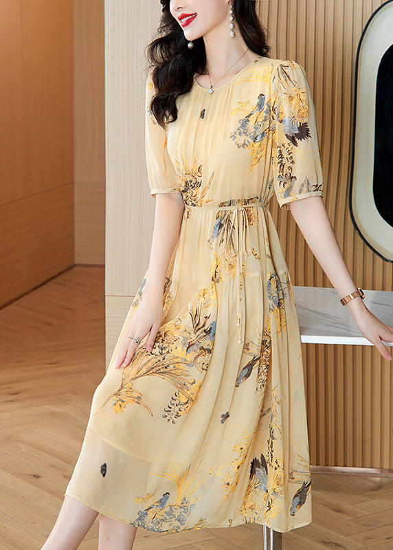 O Neck Print Wrinkled Lace Up Silk Dress Summer