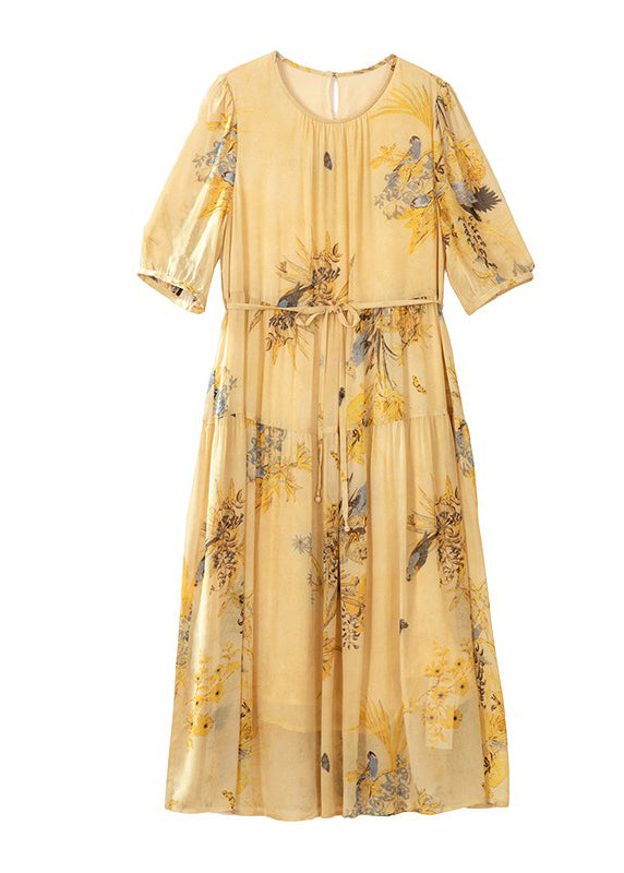 O Neck Print Wrinkled Lace Up Silk Dress Summer