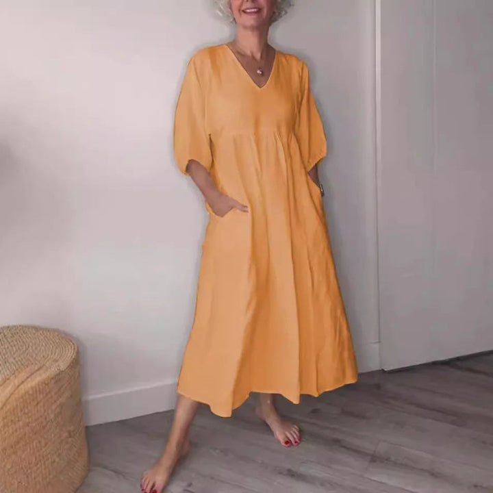Eva™ - Casual Midi Dress with V-Neck and Pockets