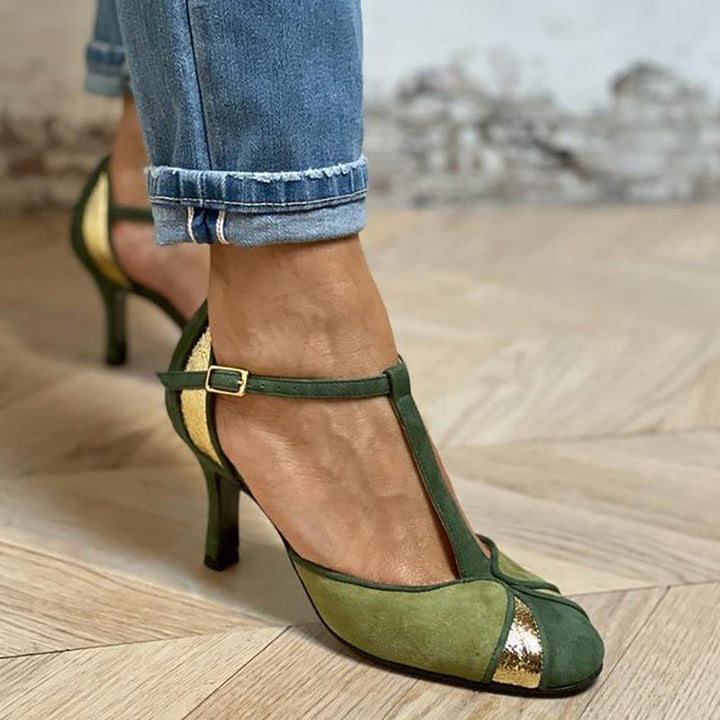 Alona™ | Décolleté patchwork with T-strap and closed toe