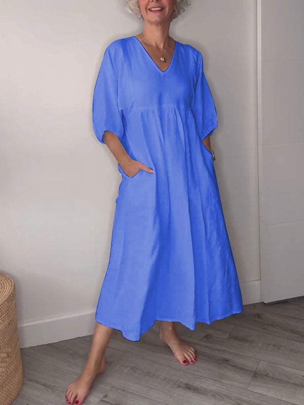 Eva™ - Casual Midi Dress with V-Neck and Pockets