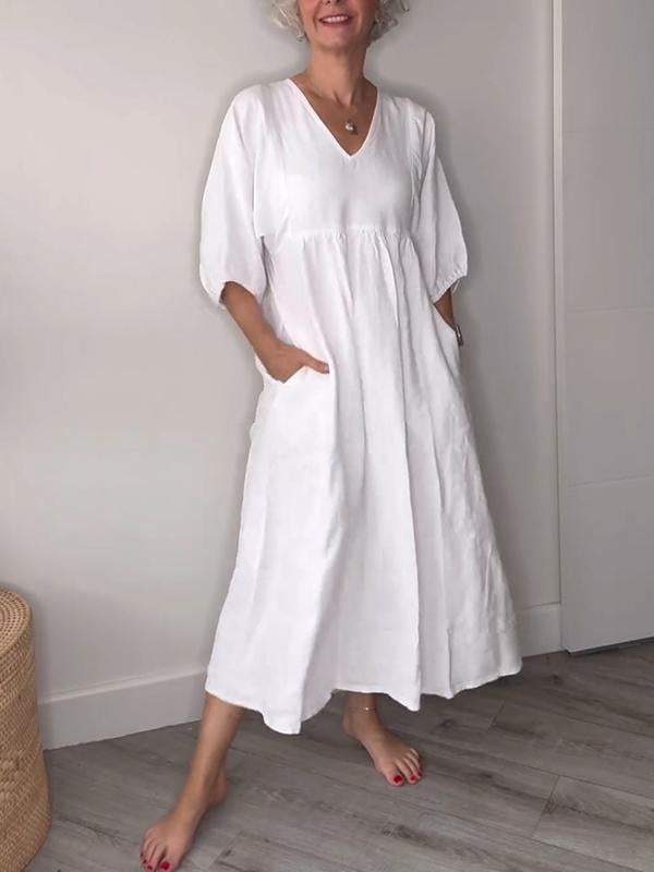 Eva™ - Casual Midi Dress with V-Neck and Pockets