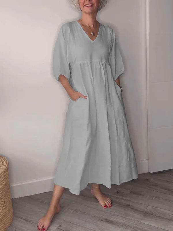 Eva™ - Casual Midi Dress with V-Neck and Pockets