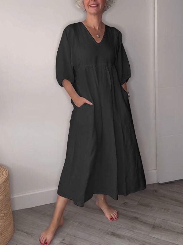 Eva™ - Casual Midi Dress with V-Neck and Pockets