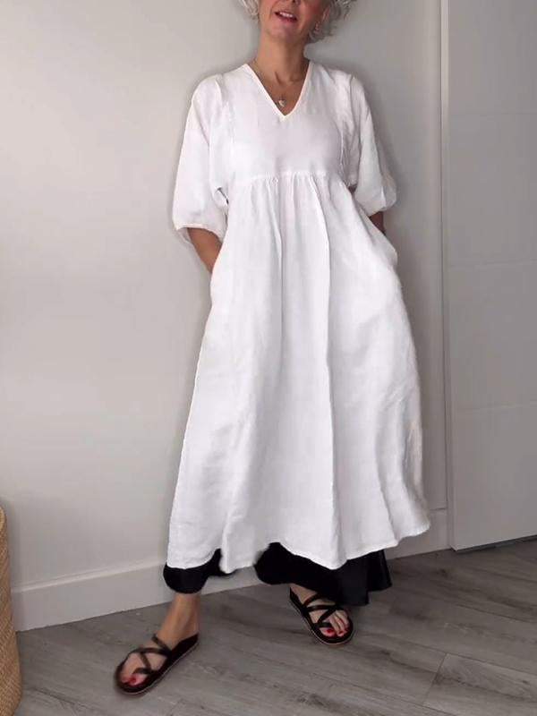 Eva™ - Casual Midi Dress with V-Neck and Pockets