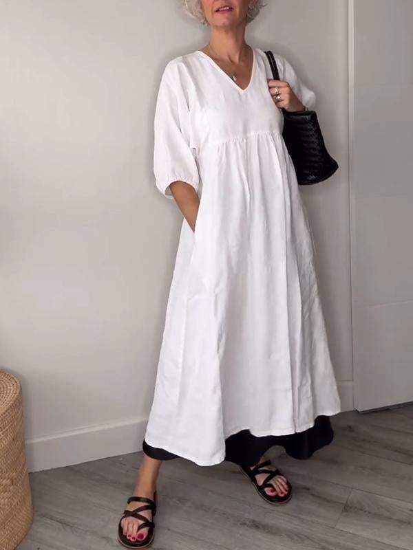 Eva™ - Casual Midi Dress with V-Neck and Pockets